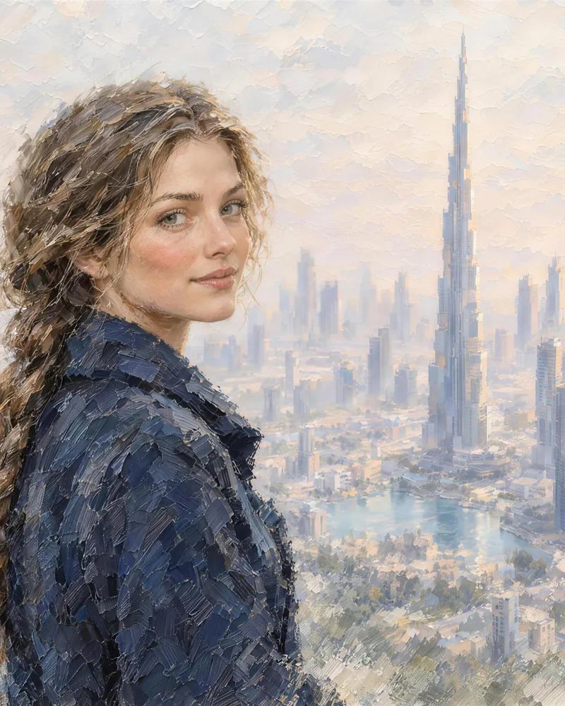 Freya in her navy coat, with the Burj Khalifa behind her.